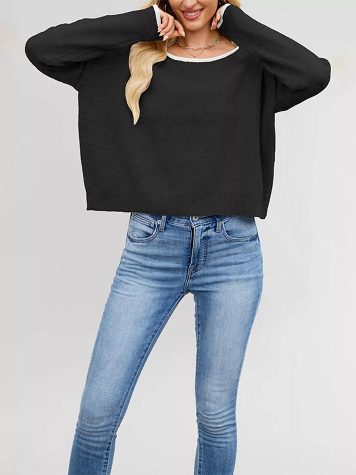 Contrast trim drop shoulder knit sweater with ribbed hem