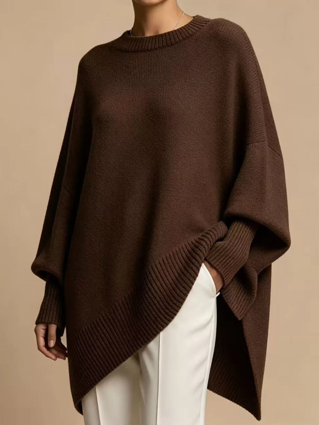 Dark Brown Batwing sleeve asymmetric hem oversized knit sweater