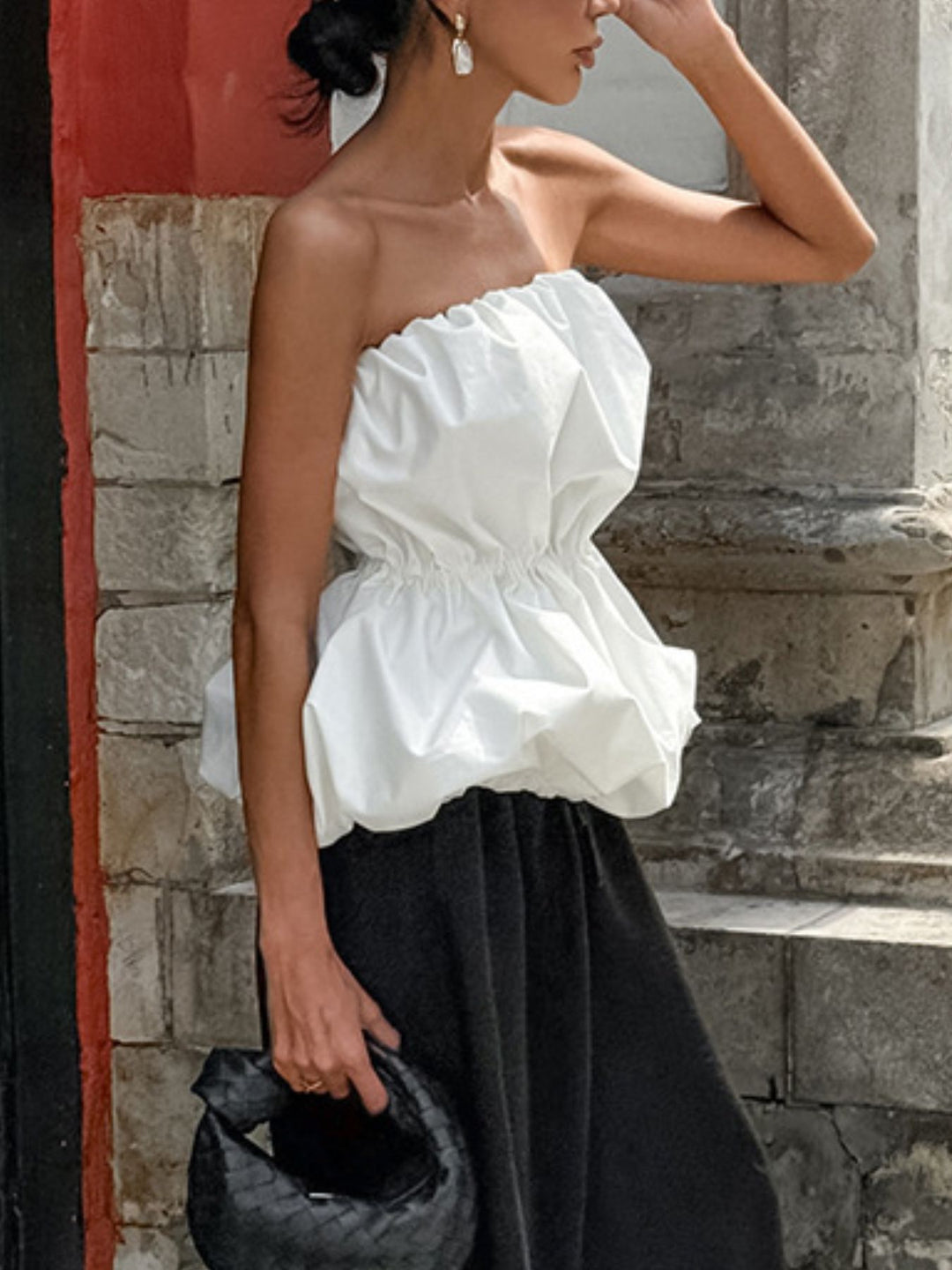 Ruched bubble hem strapless cotton tube top