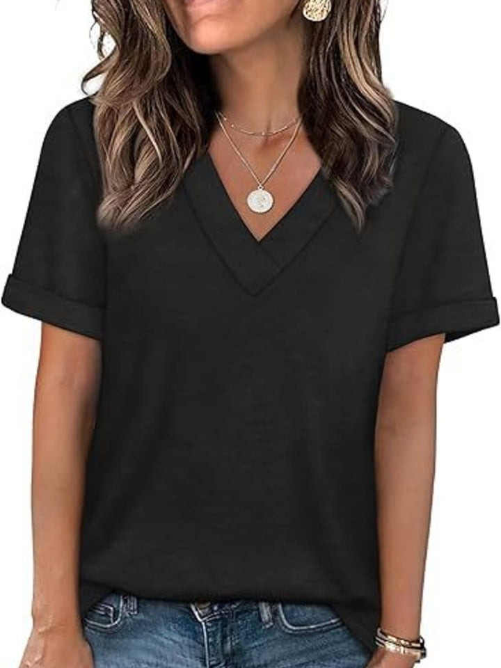 Black Relaxed V-neck short sleeve tee with rolled cuffs