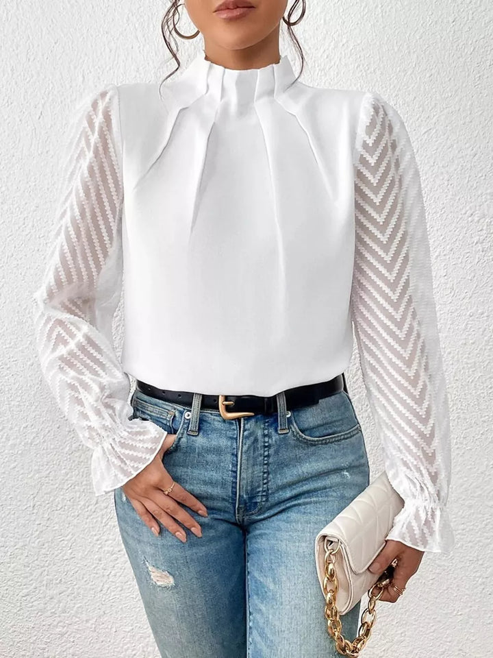 White Mock neck blouse with sheer textured flounce sleeves