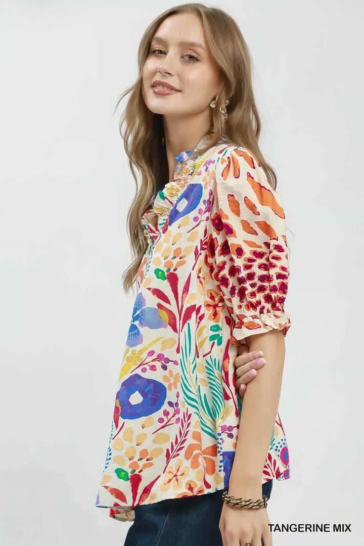 Floral print V-neck puff sleeve blouse with ruffle trim