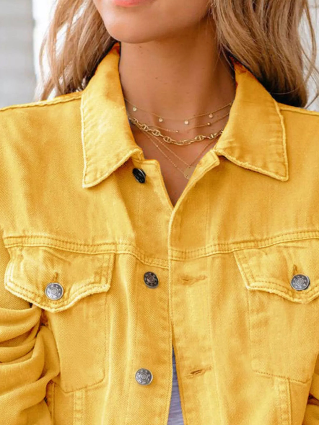 Cropped button-up denim jacket with chest pockets
