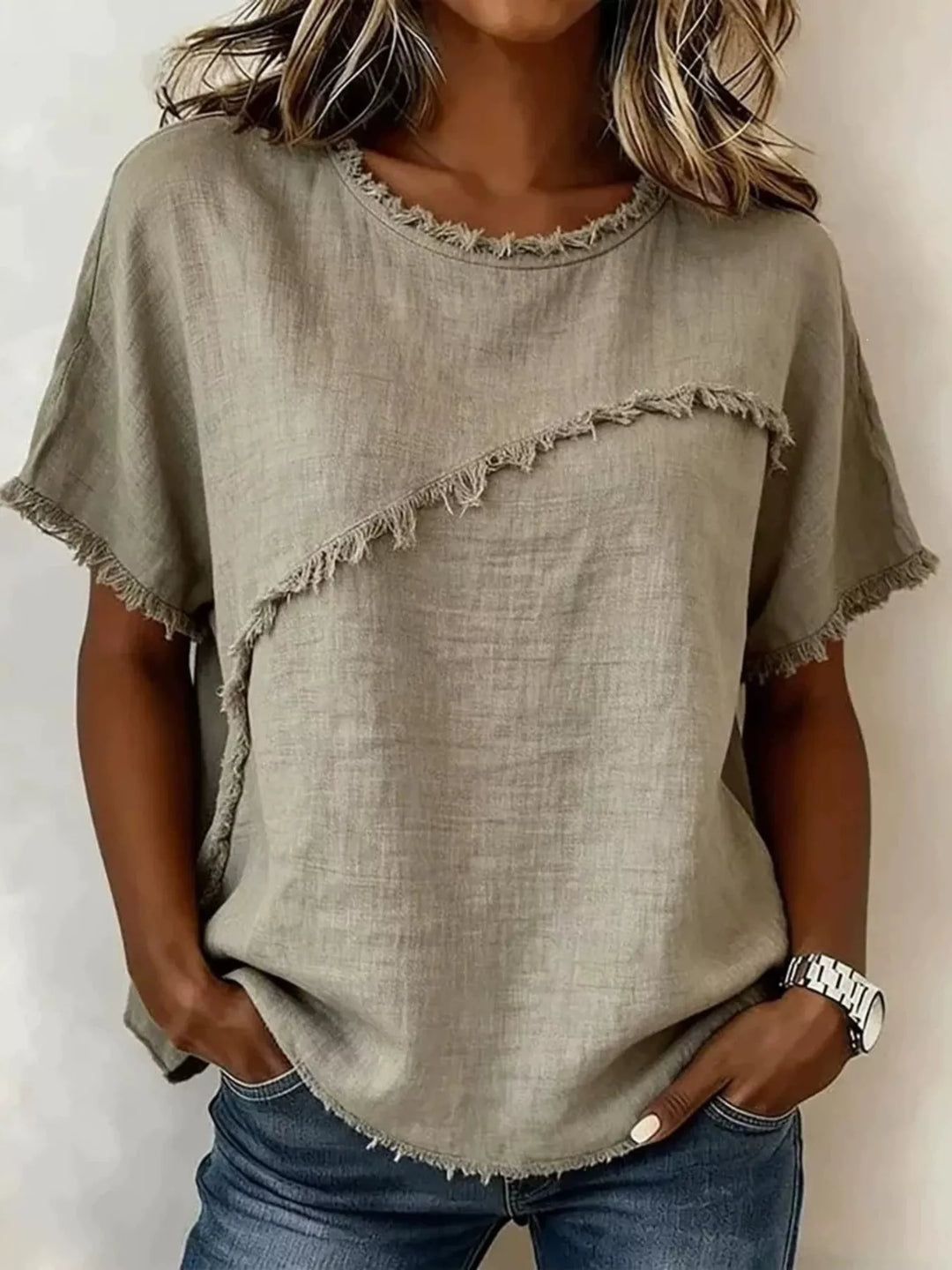Khaki Frayed trim crew neck relaxed short sleeve top