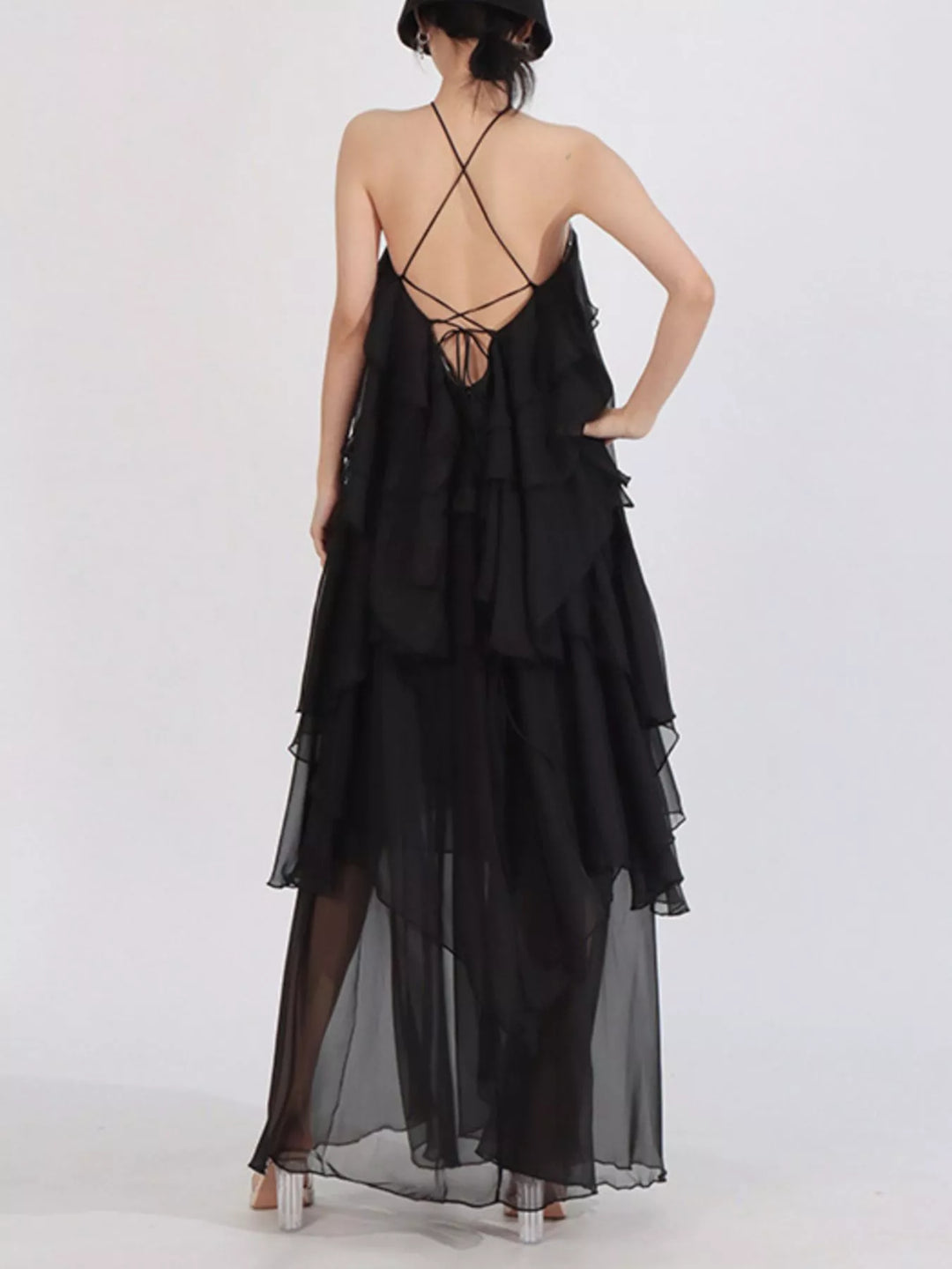 Tiered ruffle chiffon halter maxi dress with rosette
