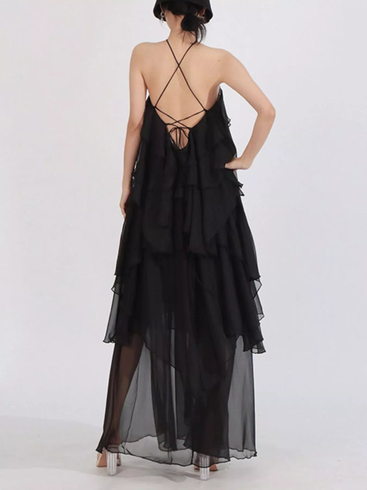 Tiered ruffle chiffon halter maxi dress with rosette