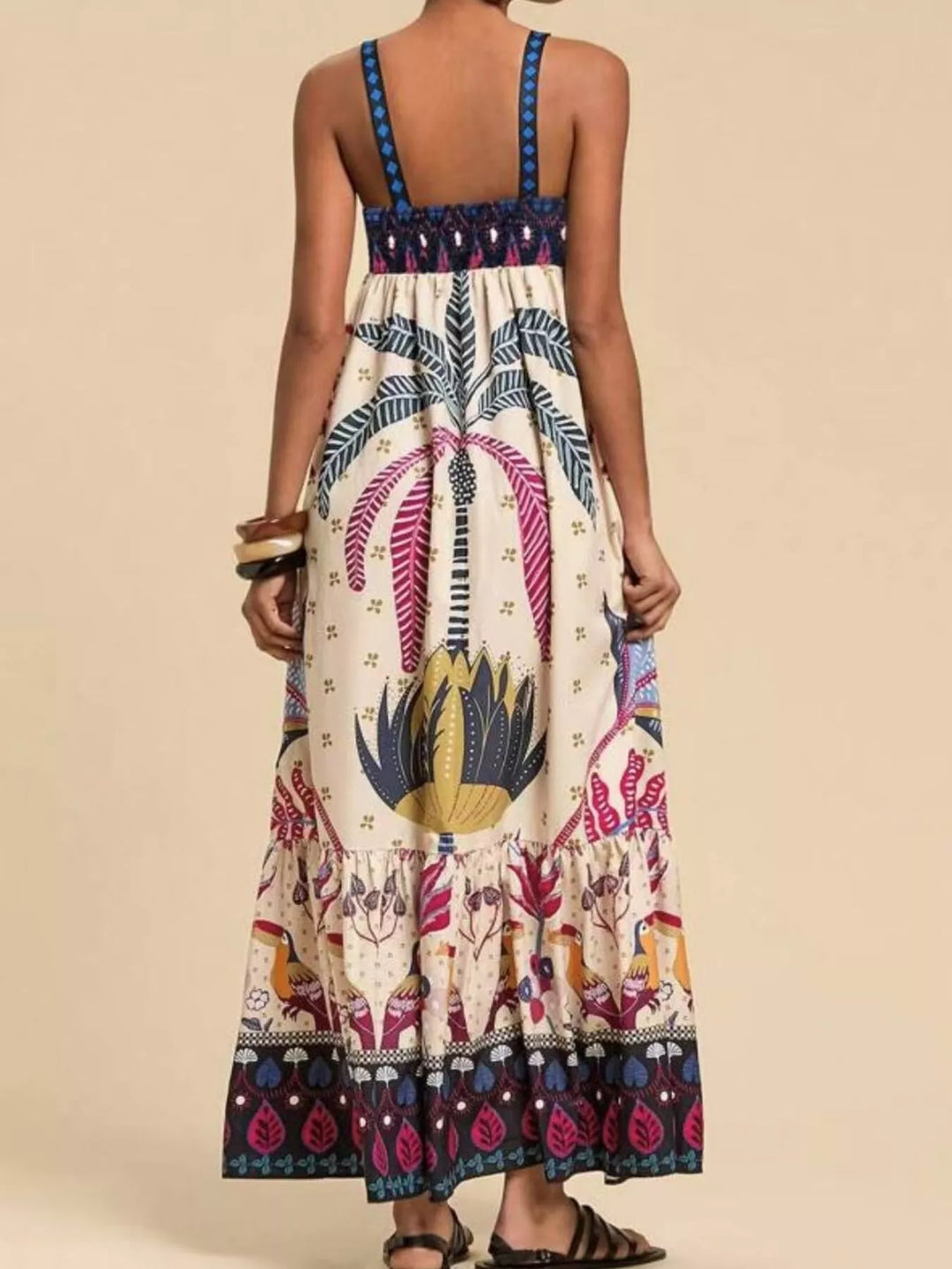 Tropical folk print square neck tiered maxi dress