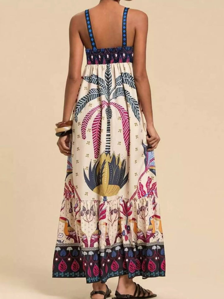 Tropical folk print square neck tiered maxi dress