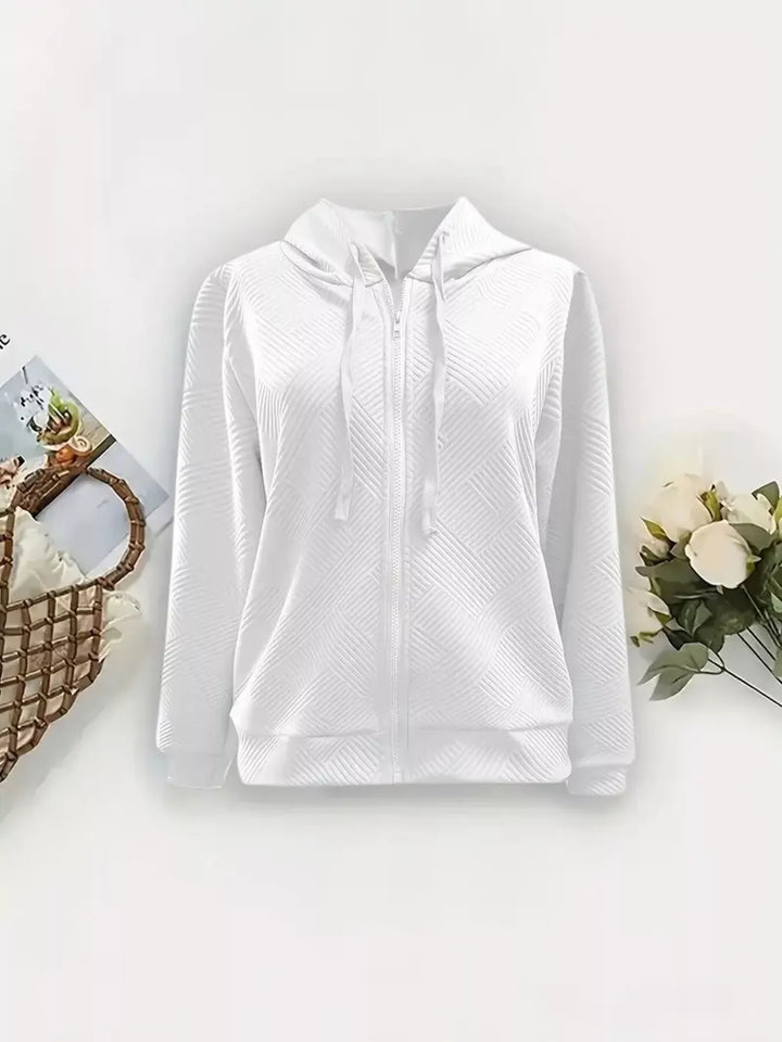Textured zip-up hooded jacket with drawstrings