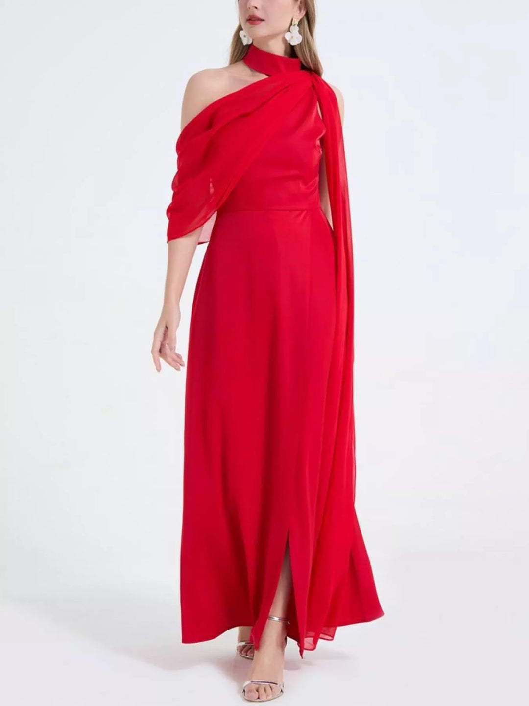 Asymmetric one-shoulder maxi dress with high thigh slit