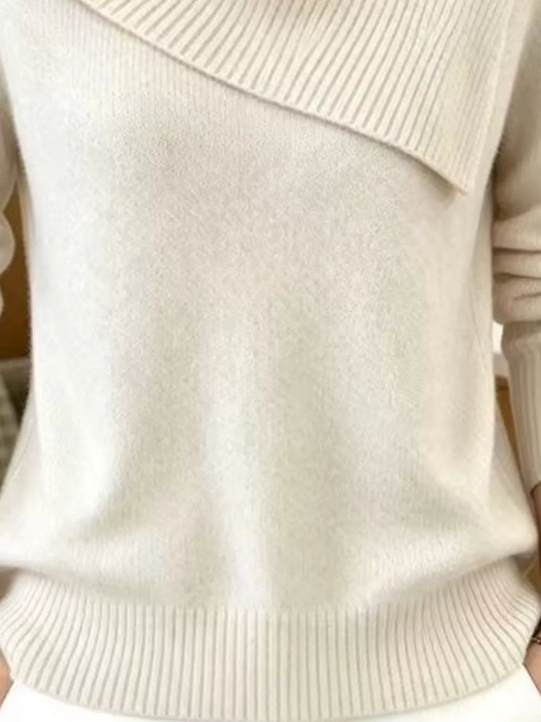 Asymmetric foldover ribbed collar knit pullover sweater