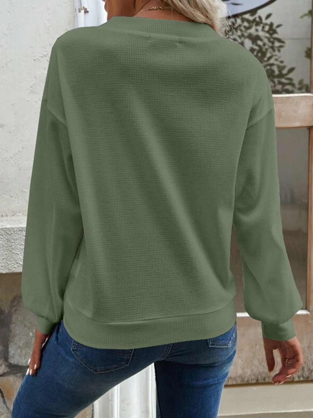 Waffle-knit V-neck button-front top with dropped shoulders