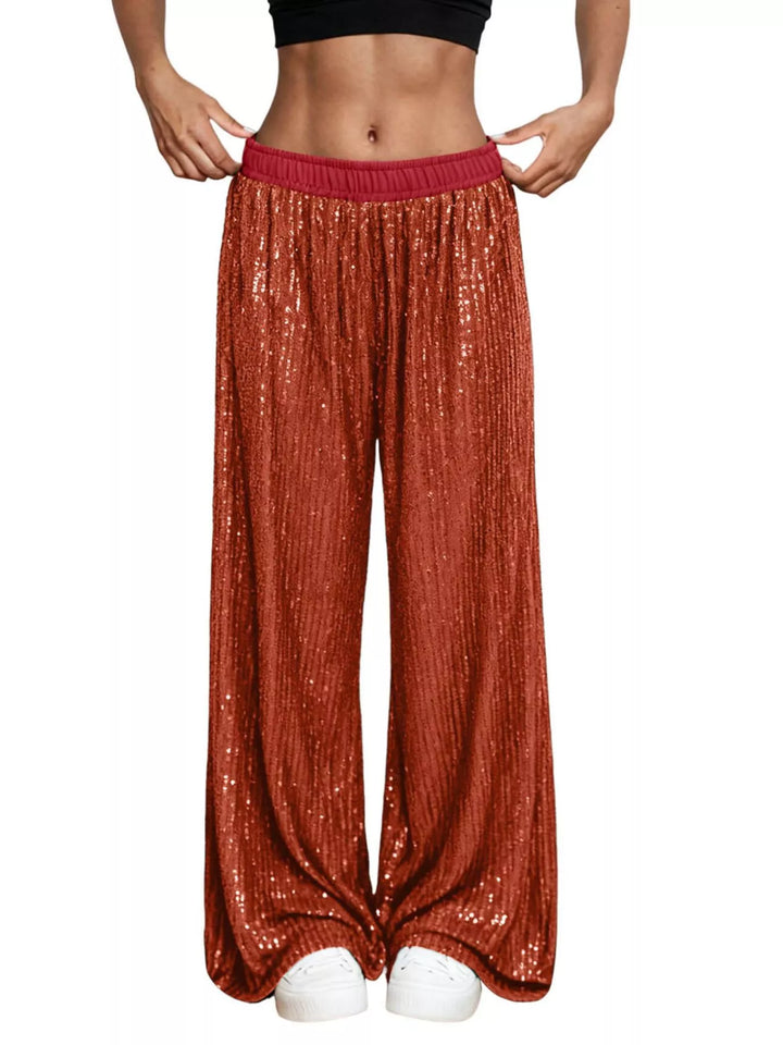 Rust All-over sequin wide-leg pants with elastic waist