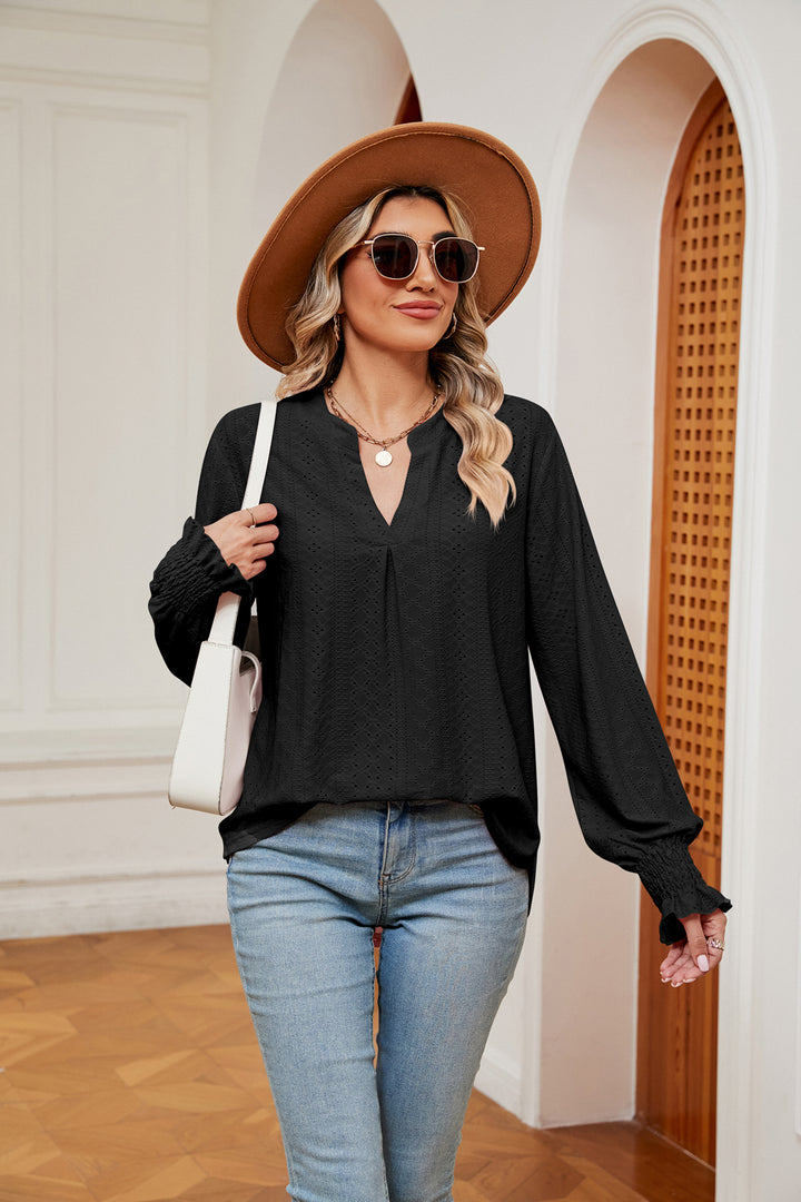 Black Eyelet notched-neck blouse with flounce sleeves
