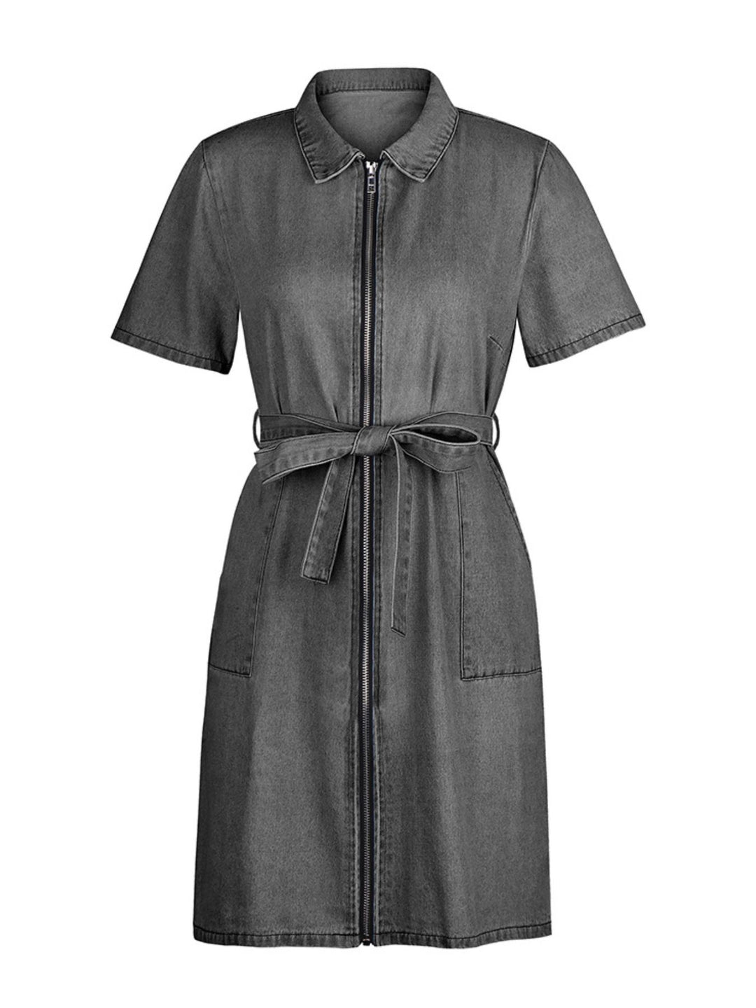 Zip front short sleeve denim mini dress with tie waist