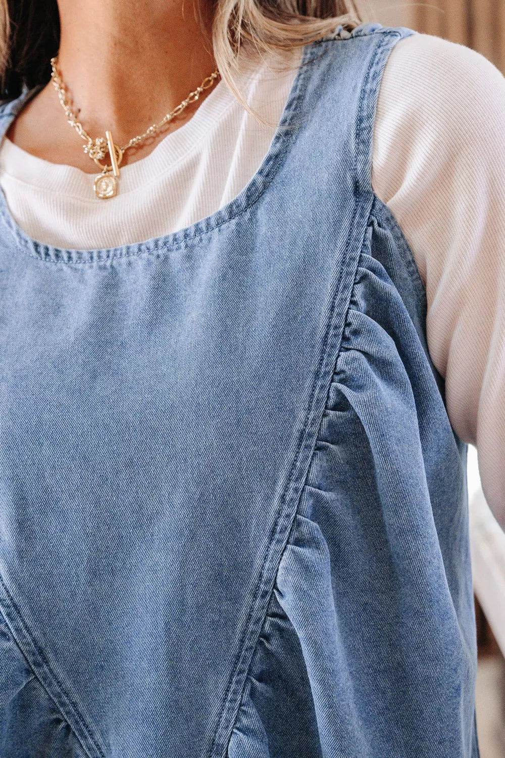 Pleated patchwork sleeveless denim swing top
