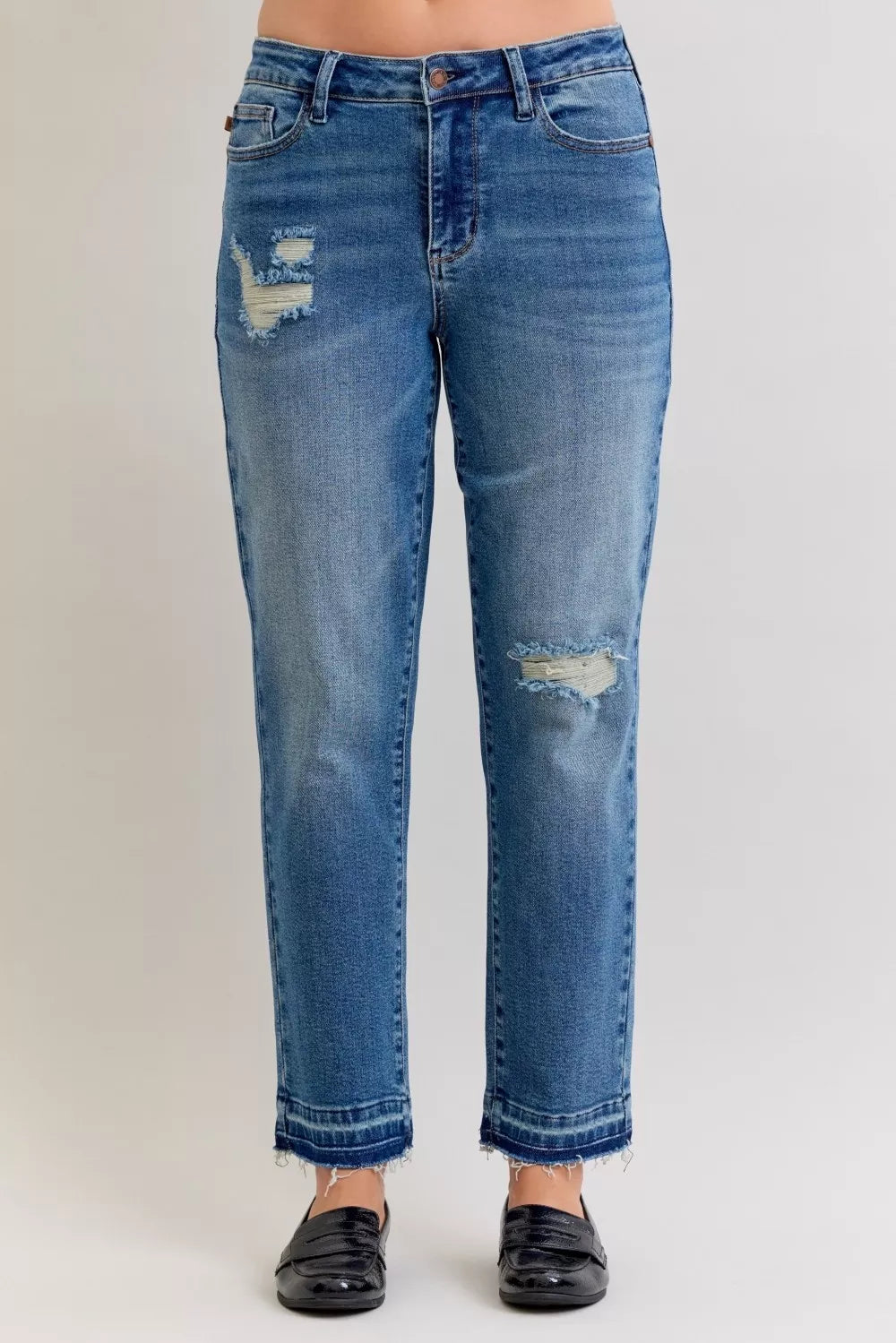 MD Distressed mid-rise boyfriend jeans with released raw hem