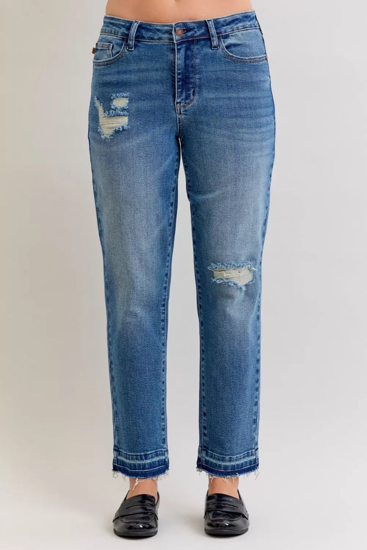 MD Distressed mid-rise boyfriend jeans with released raw hem