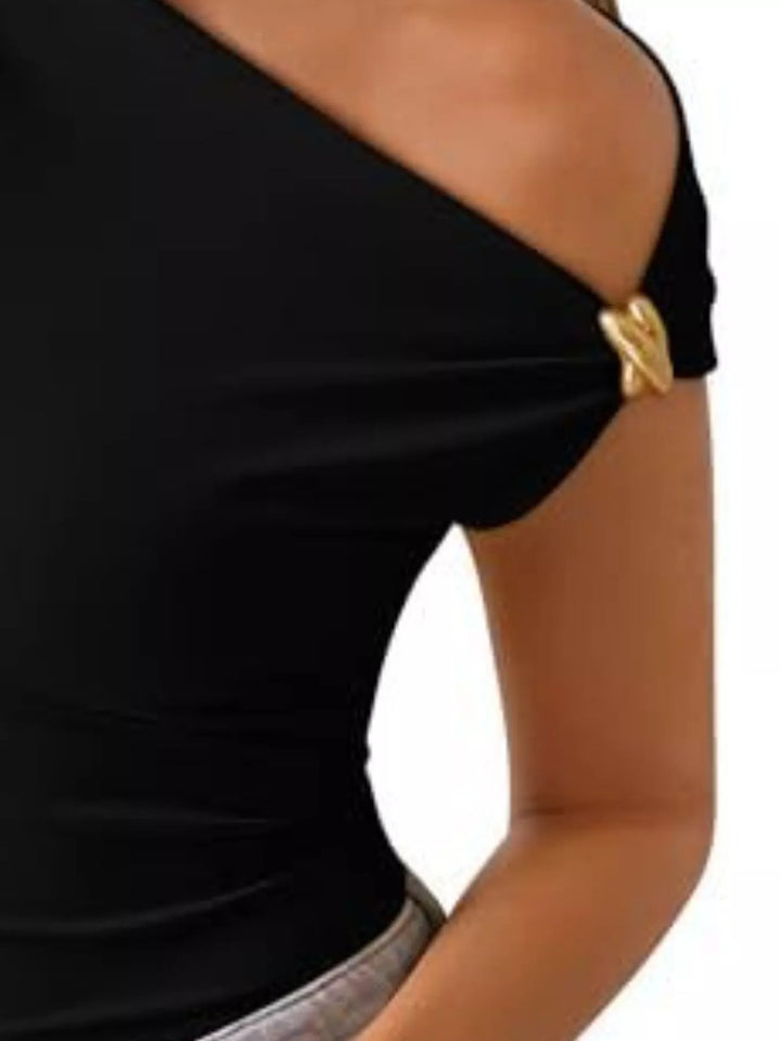 Asymmetric one-shoulder cap sleeve top with gold-tone ring