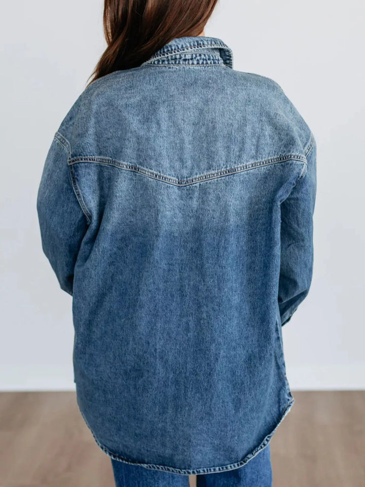 Oversized snap-front denim shacket with chest pockets