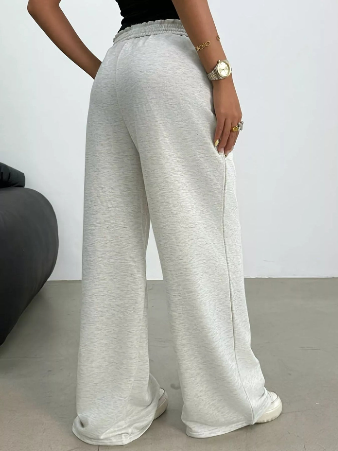 Wide-leg drawstring sweatpants with ruffled elastic waist