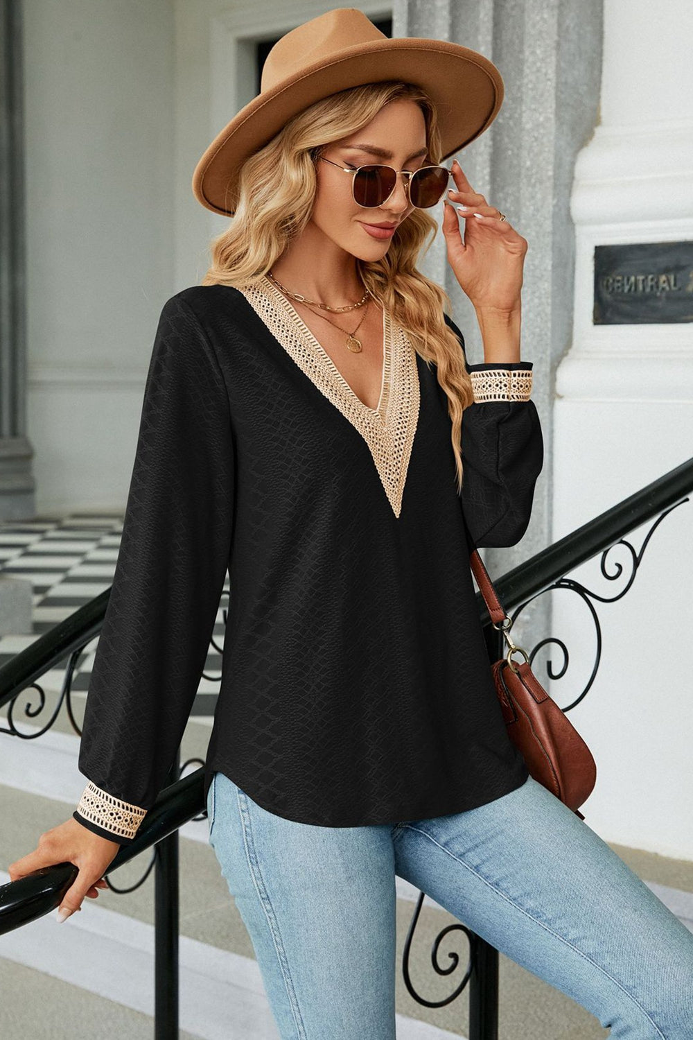 Textured crochet lace V-neck long sleeve blouse
