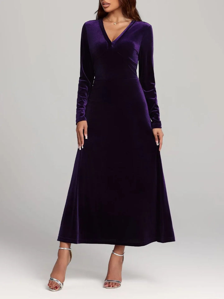 Surplice v-neck long sleeve velvet maxi dress