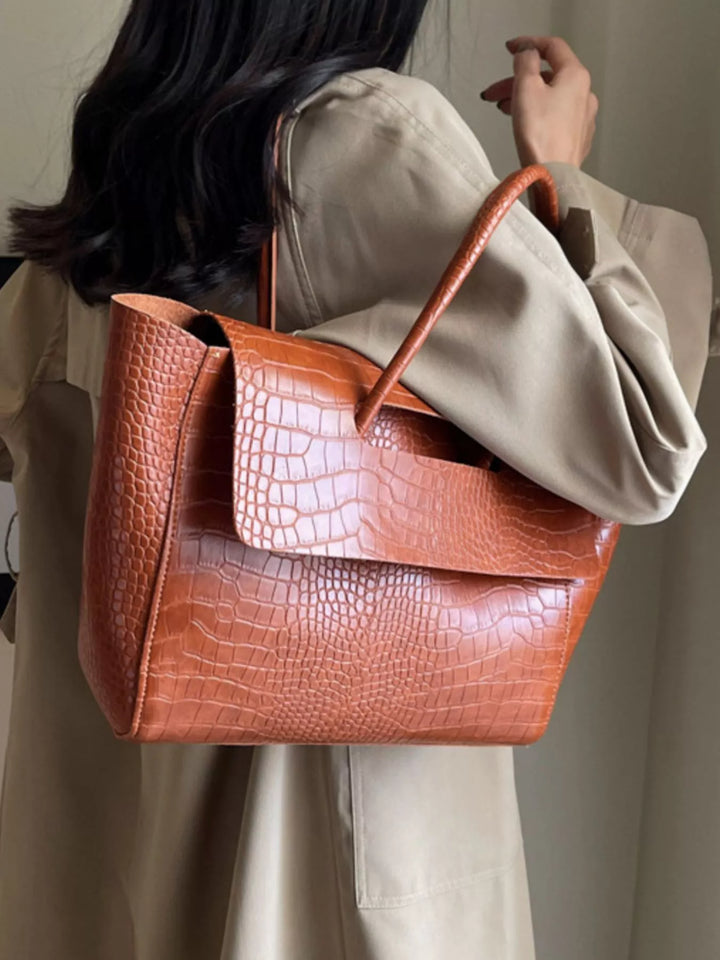 Croc-embossed faux leather shoulder tote bag