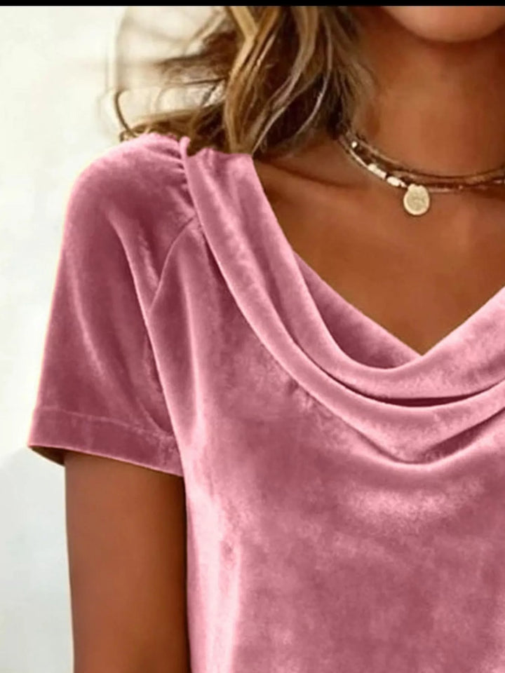 Draped cowl neck velvet top with short sleeves