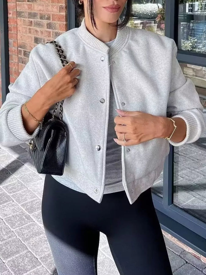 Cropped bomber jacket with snap front and ribbed trim