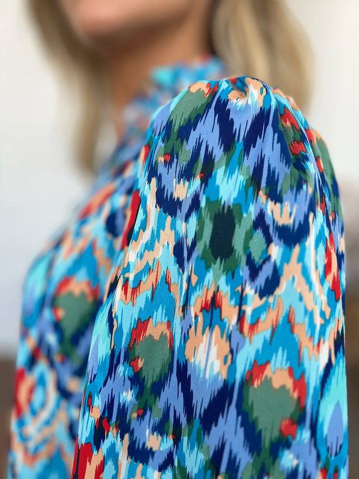 Abstract print balloon-sleeve button-down blouse