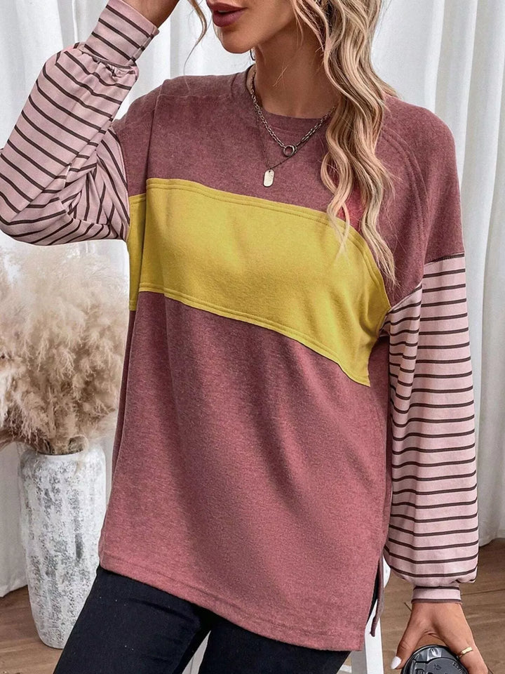 Color block striped long sleeve crew neck top