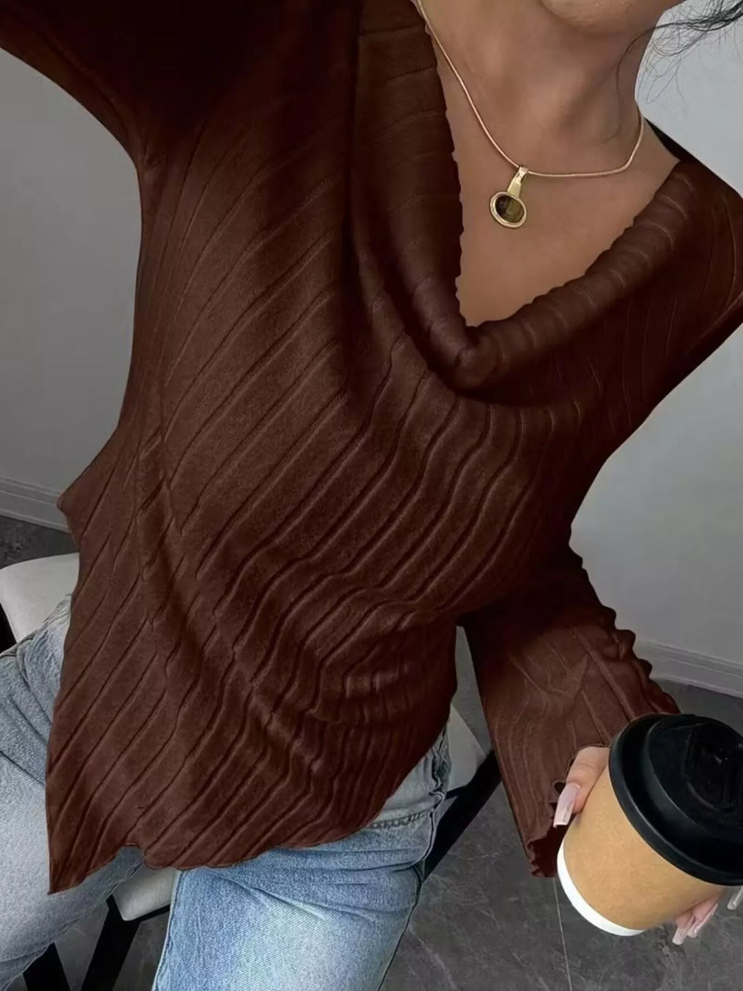 Ribbed knit cowl neck top with asymmetric hem and flared sleeves