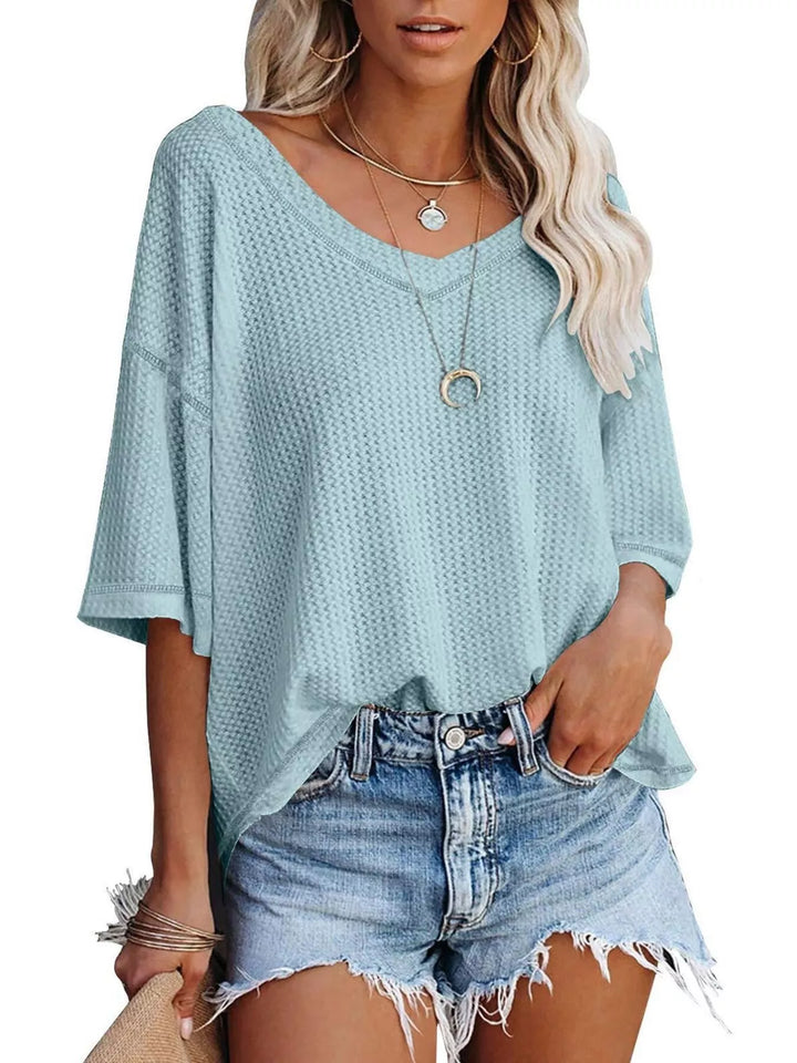 Light Blue Waffle knit v-neck drop shoulder short sleeve tee