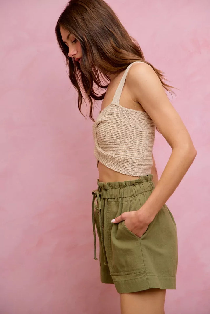 Paper bag waist twill shorts with button front and patch pockets