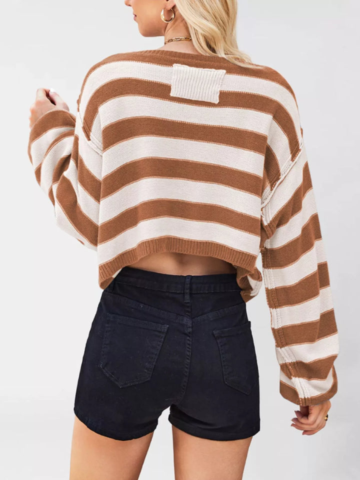 Striped oversized boat neck cropped sweater with exposed seams