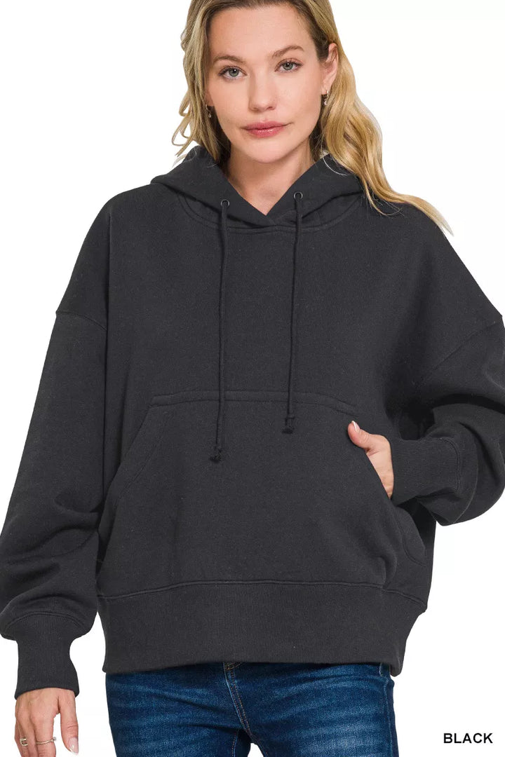 BLACK Oversized fleece hoodie with kangaroo pocket and drawstring hood