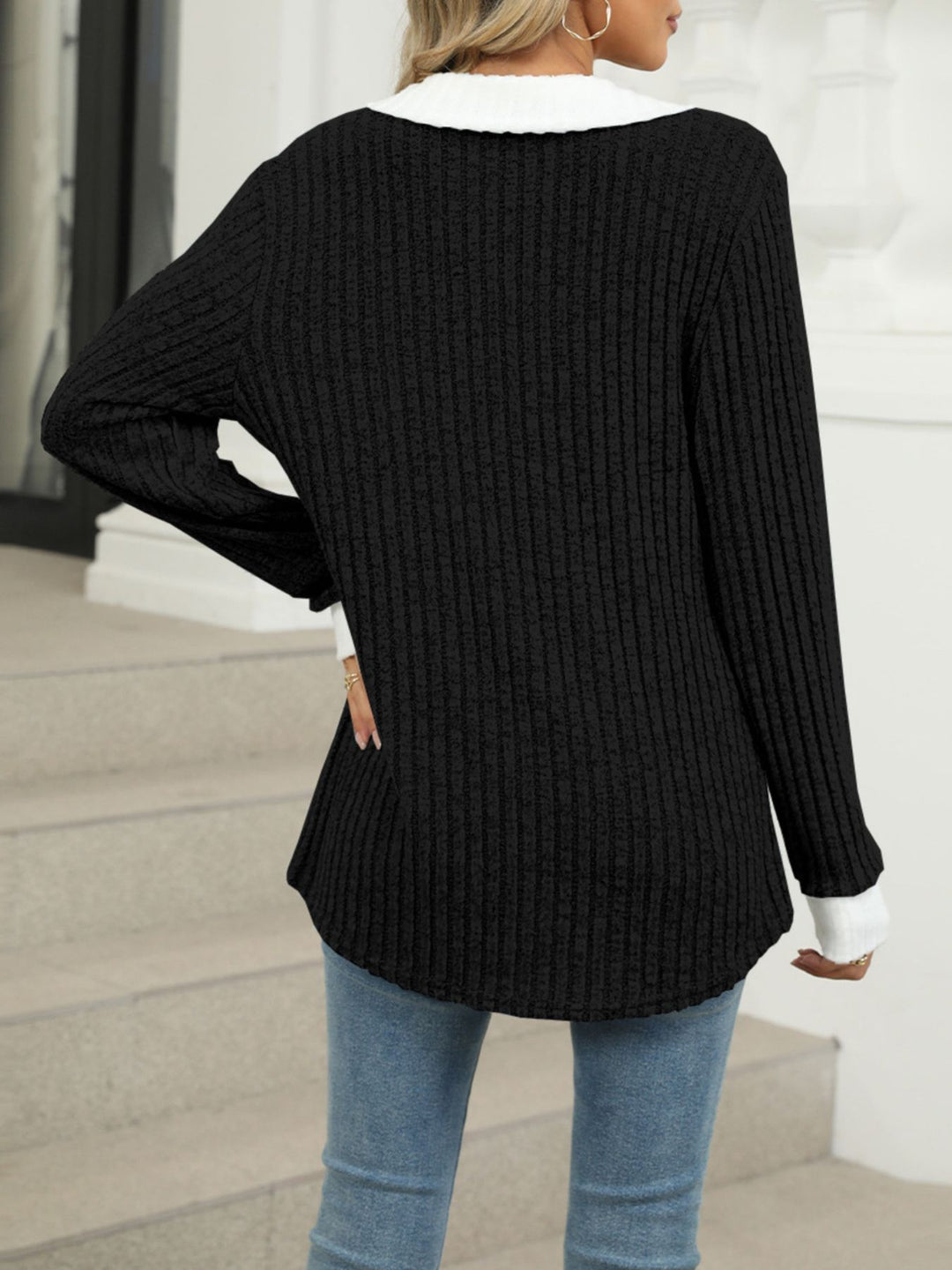 Ribbed knit long sleeve top with contrast collar and cuffs
