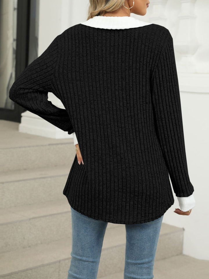 Ribbed knit long sleeve top with contrast collar and cuffs