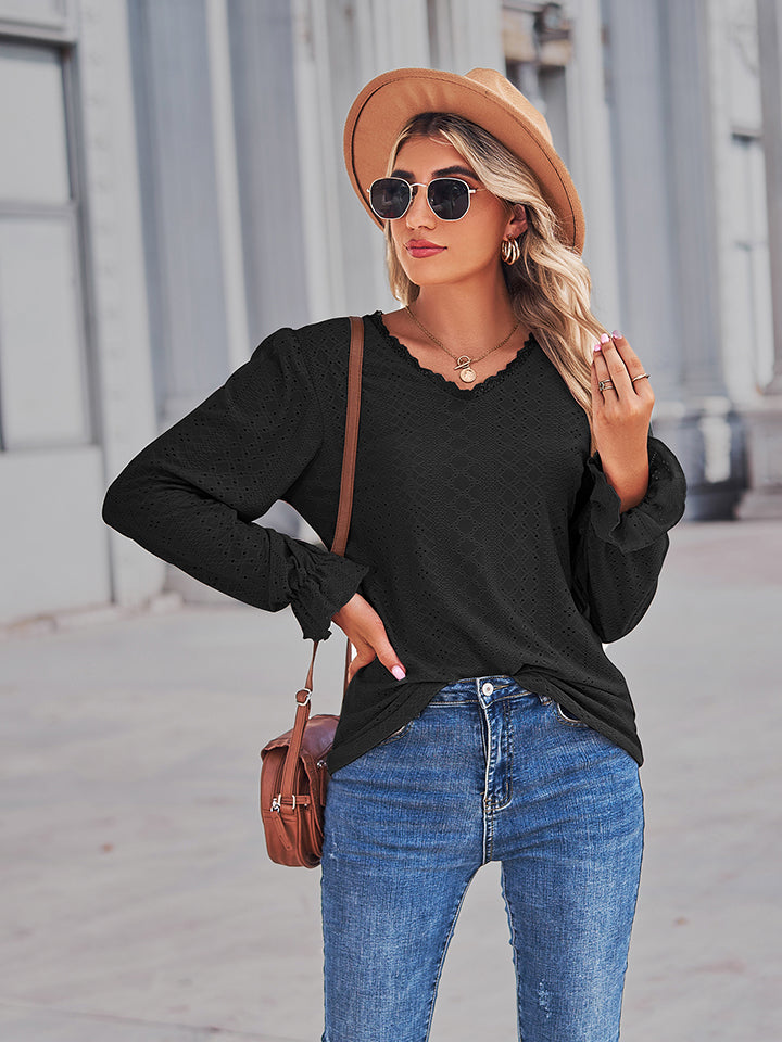 Eyelet openwork V-neck blouse with flounce sleeves
