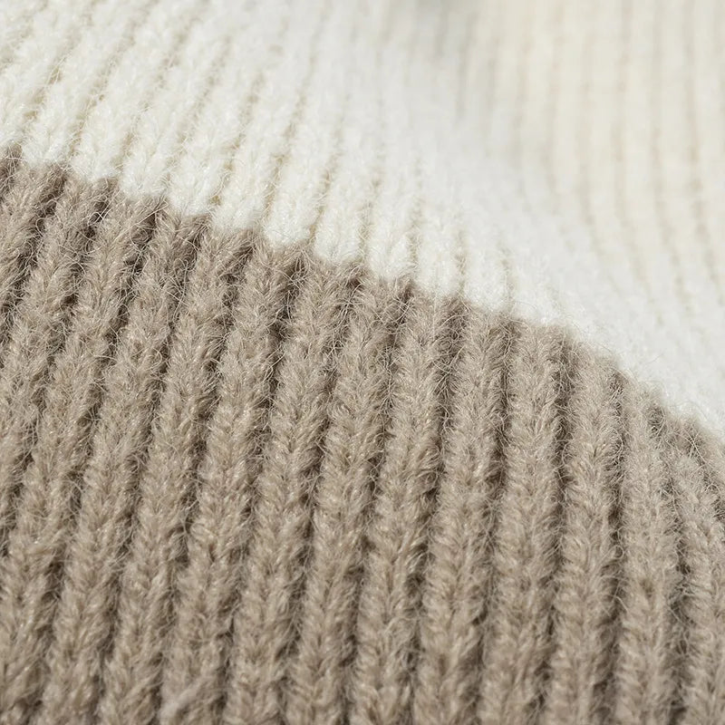 Color block ribbed knit beanie with faux fur pom-pom