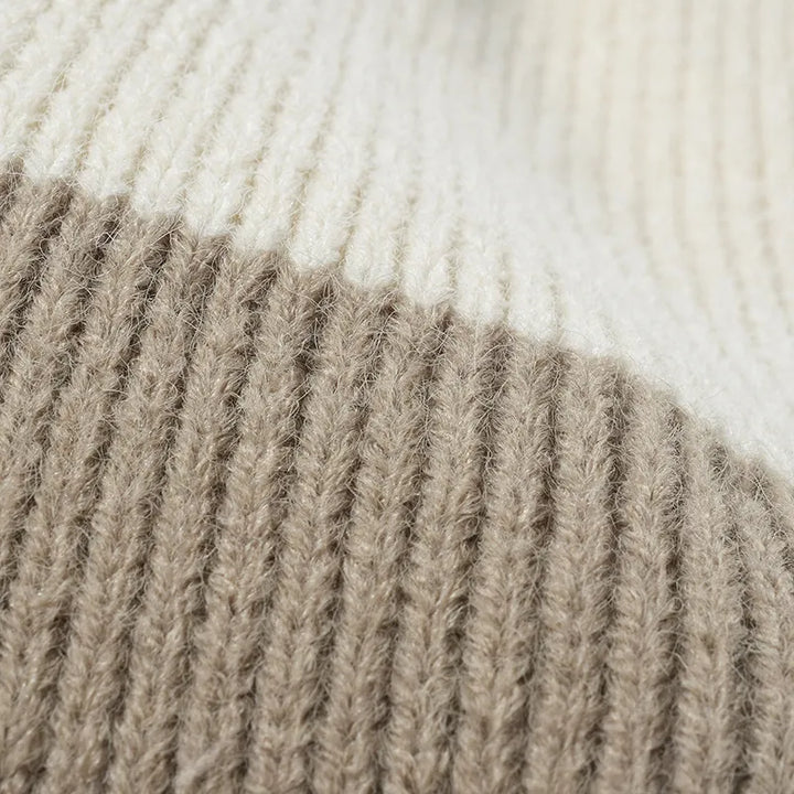 Color block ribbed knit beanie with faux fur pom-pom