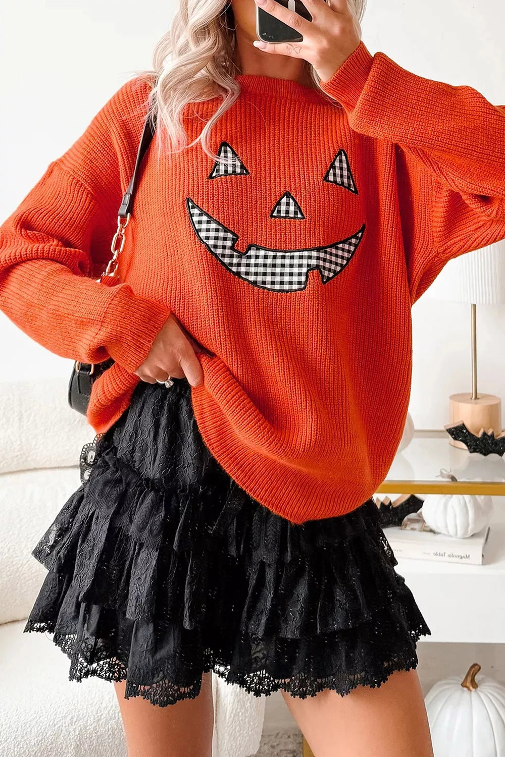 Jack-o-lantern patch drop shoulder Halloween sweater