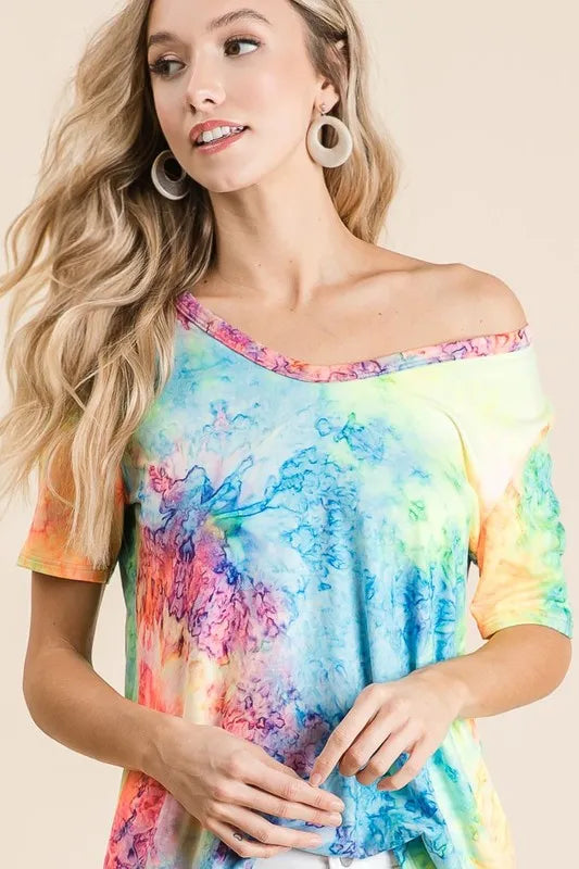 Tie dye jersey V-neck top with relaxed drop shoulders
