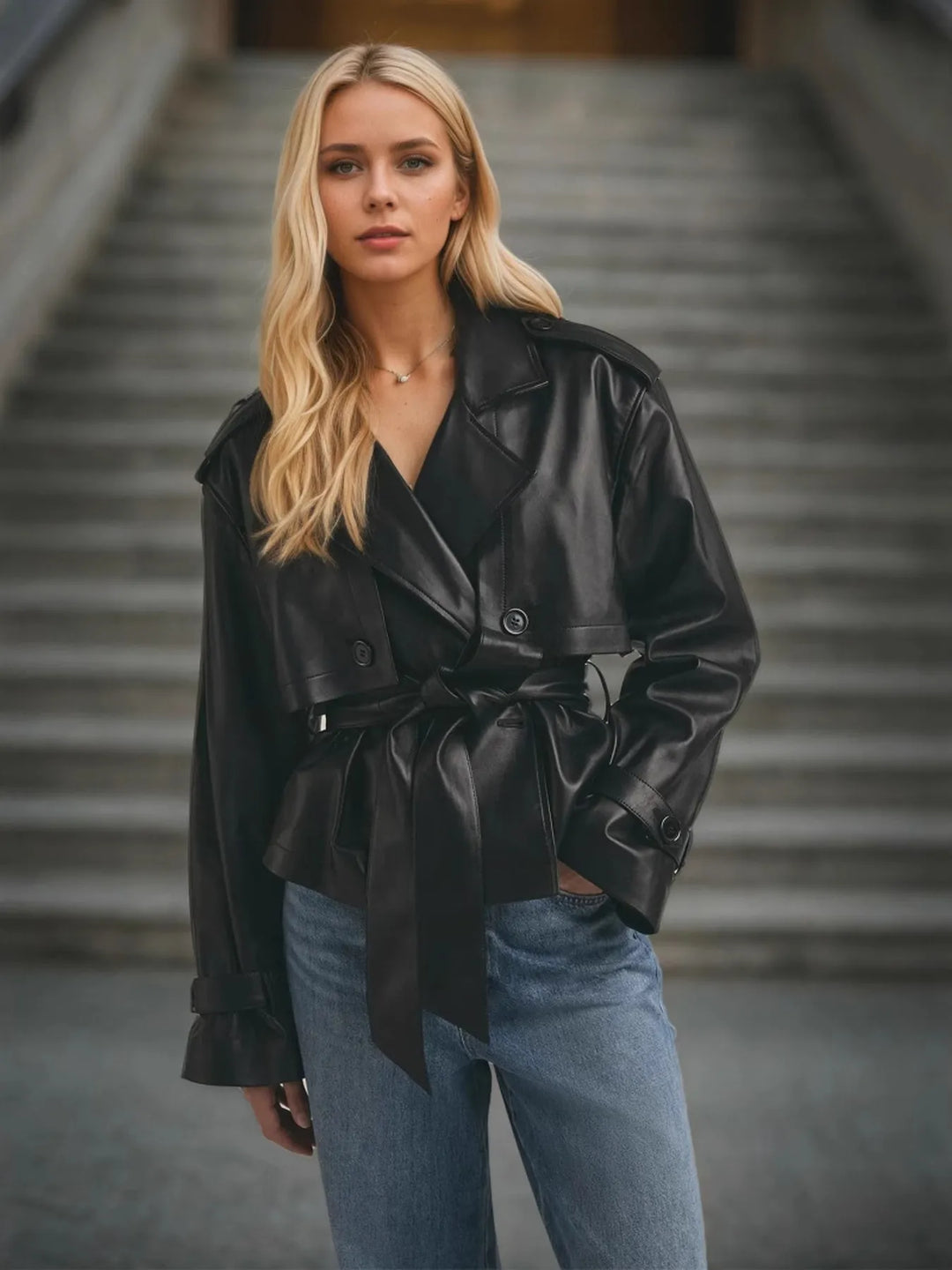 Belted cropped faux leather trench jacket with notch lapels