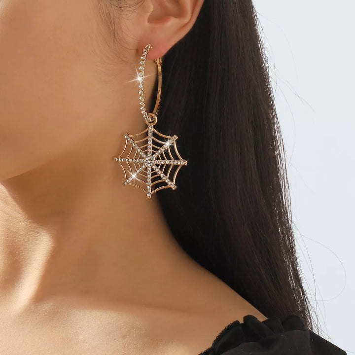 Gold Rhinestone spider web dangle hoop earrings