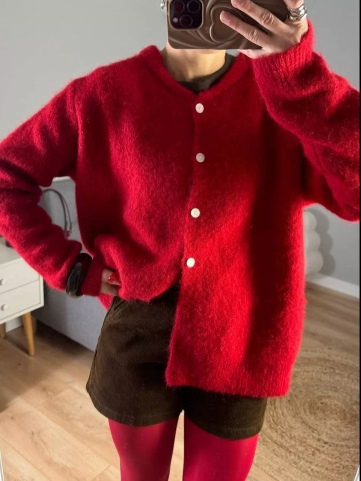 Deep Red Brushed knit button-up cardigan with ribbed crew neck