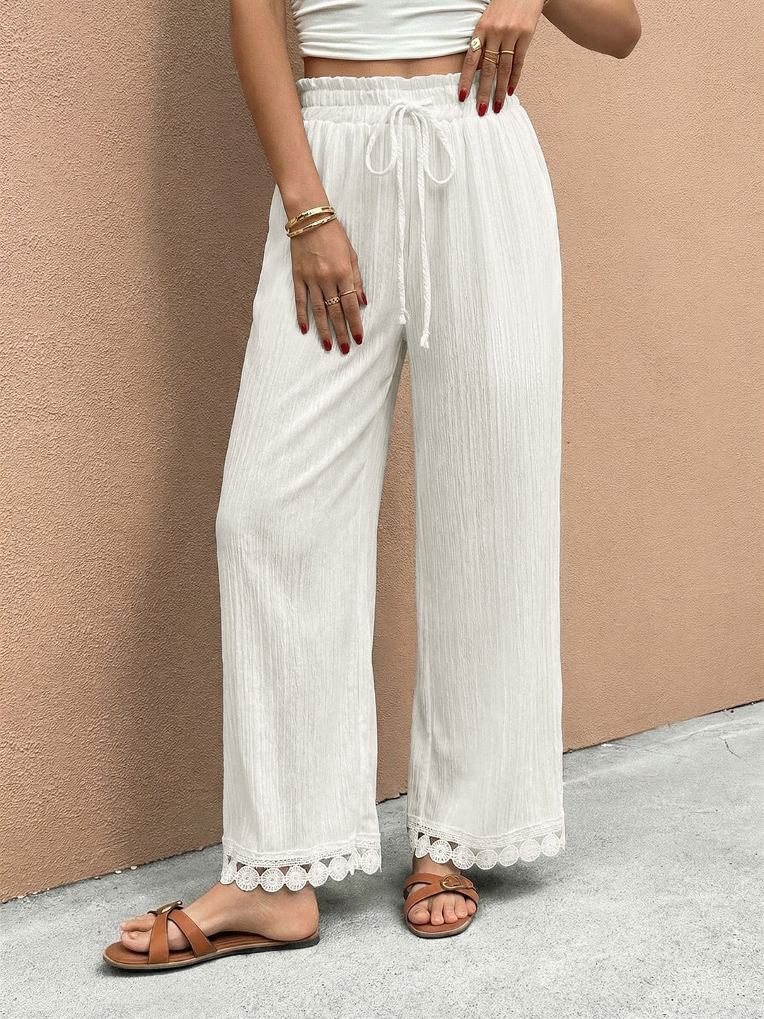 Crinkle wide-leg drawstring pants with lace trim hem