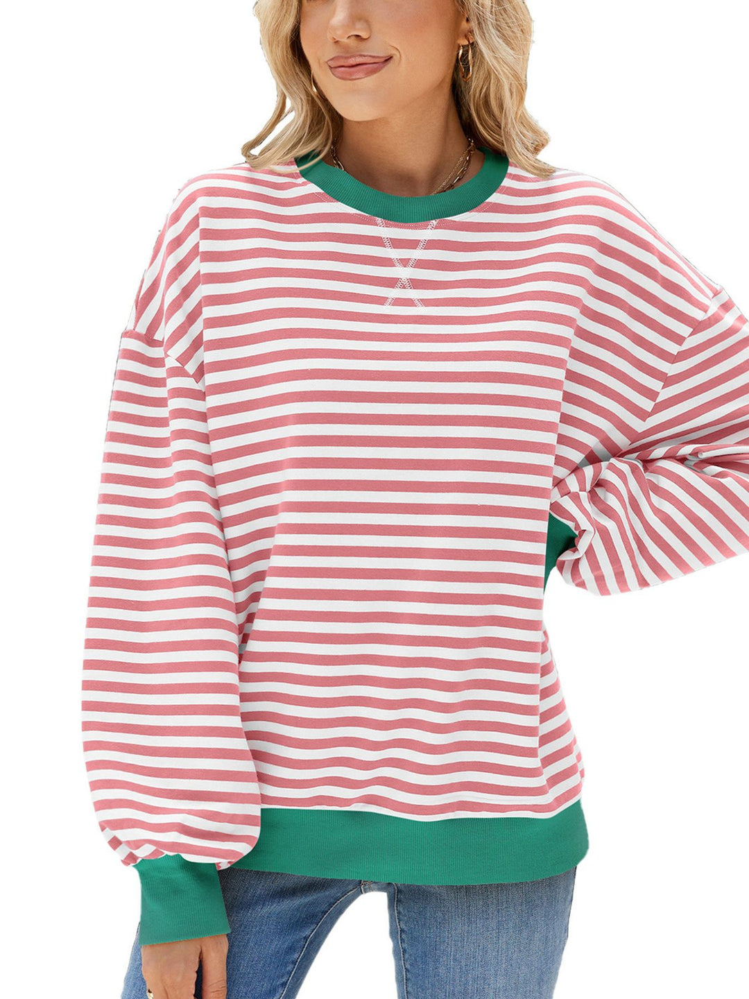 Blush Pink Striped crew neck sweatshirt with contrast ribbed trim