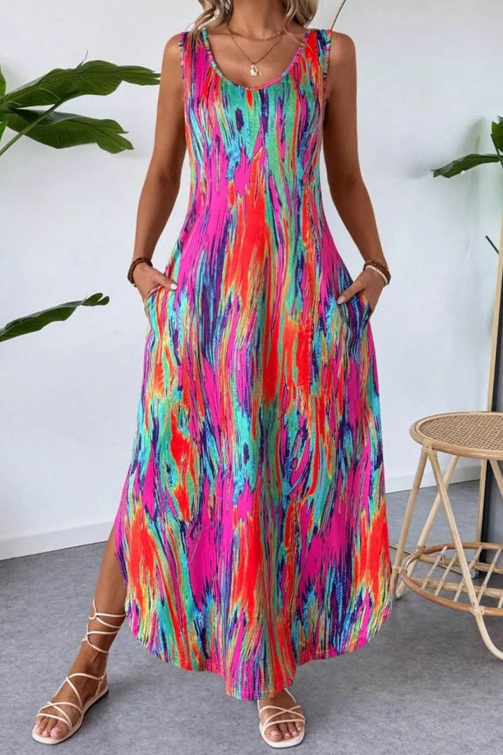 Hot Pink Abstract print sleeveless maxi dress with pockets
